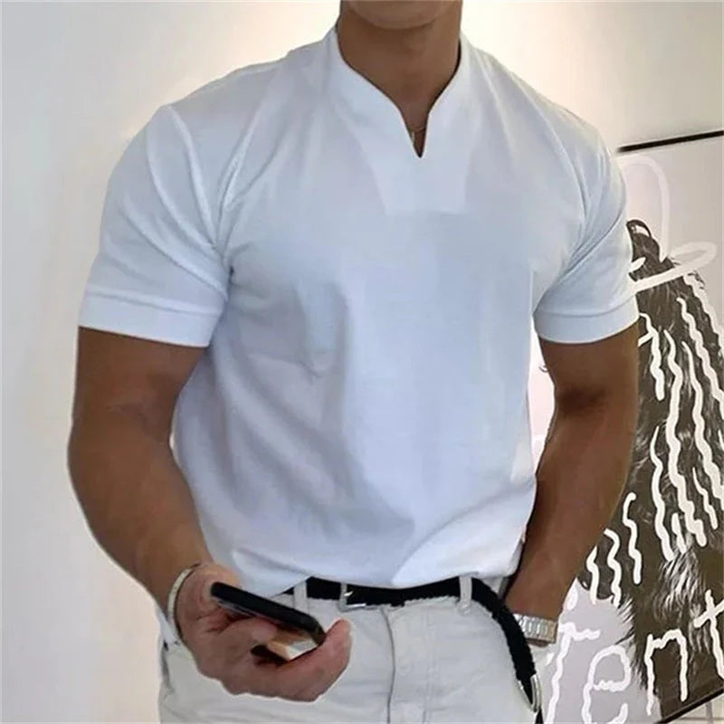 💎 Men’s Gentleman Business Short Sleeve T-Shirt – V-Neck, Breathable Cotton Blend & Available Up to 5XL 👕✨